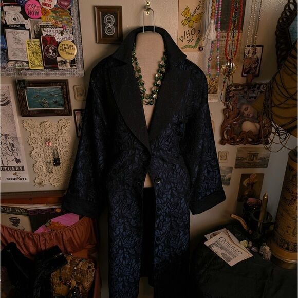 Vintage Embroidered Brocade Print Duster Jacket Women's XL Navy Blue Black - Picture 1 of 5